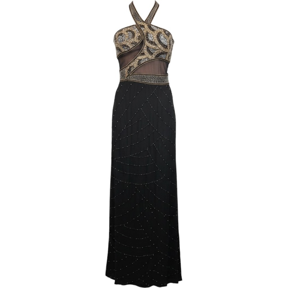 Vintage Sequin 100% Silk Evening Gown Women 4 Black Gold Asymmetric Formal Luxe
